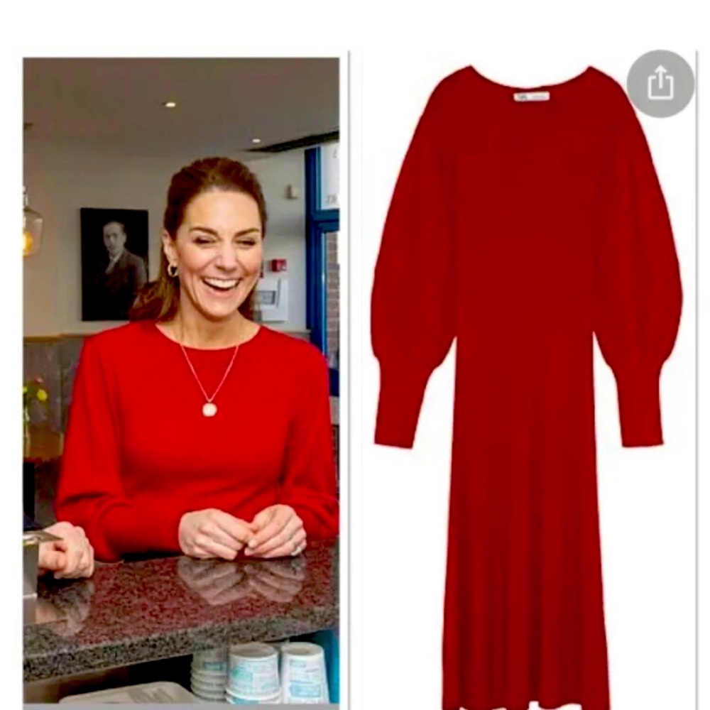 Zara Red Balloon Sleeve Dress ASO Duchess Kate Middleton